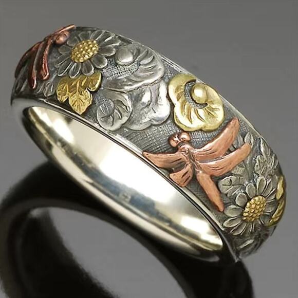 Carved Flower Dragonfly Sunflower Ring Tri Tone Size 7 - Picture 5 of 5